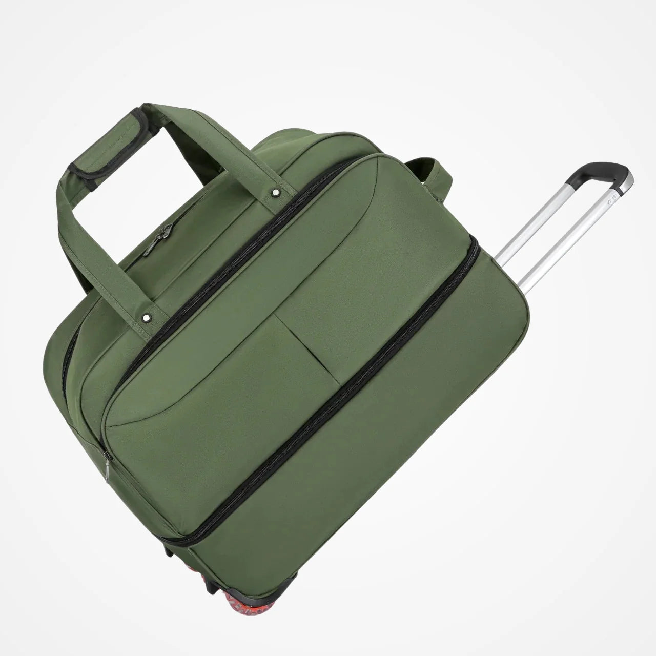 Détail des roulettes et de la poignée du sac de voyage