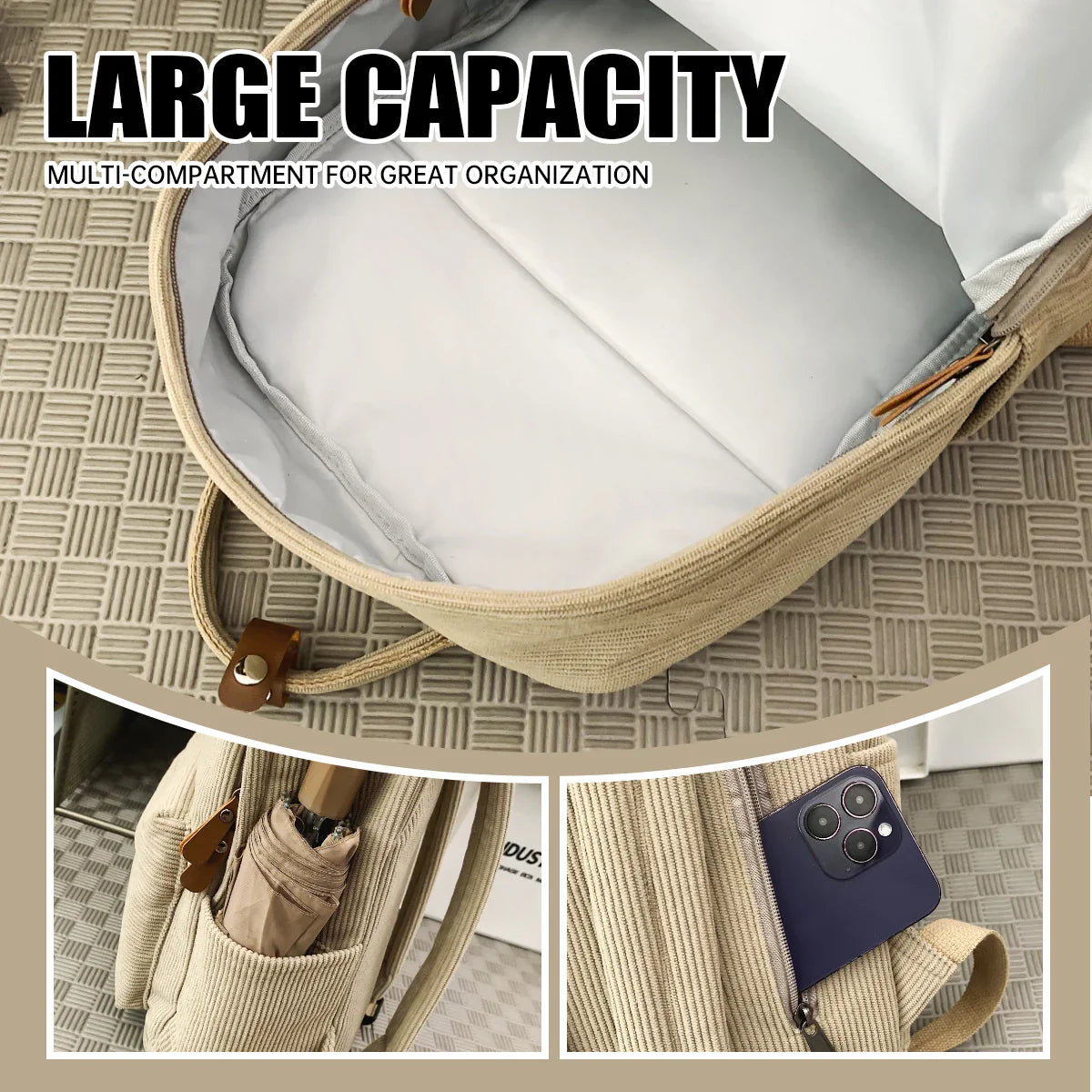Compartiment principal du sac à dos vintage
