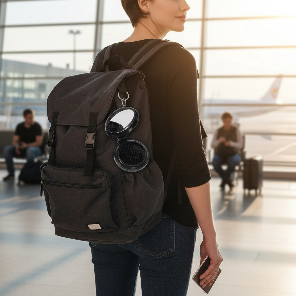 Brosse de poche avec miroir utilisée en voyage