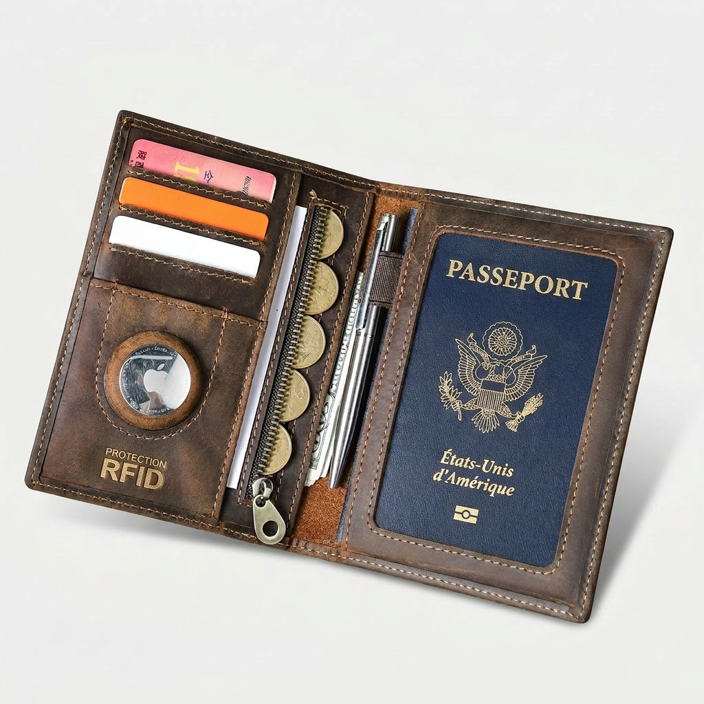 Porte-passeport en cuir avec emplacement AirTag, vue principale