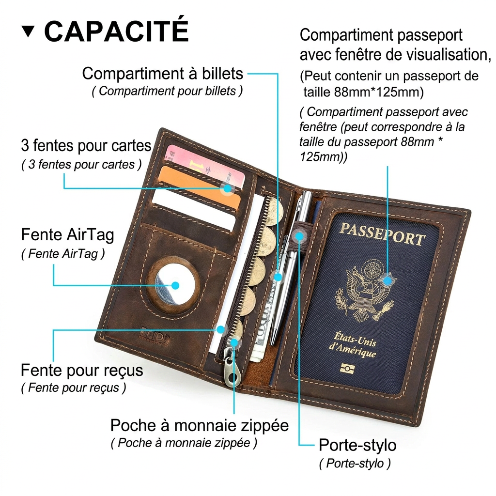 Détail du cuir et du porte-stylo du portefeuille