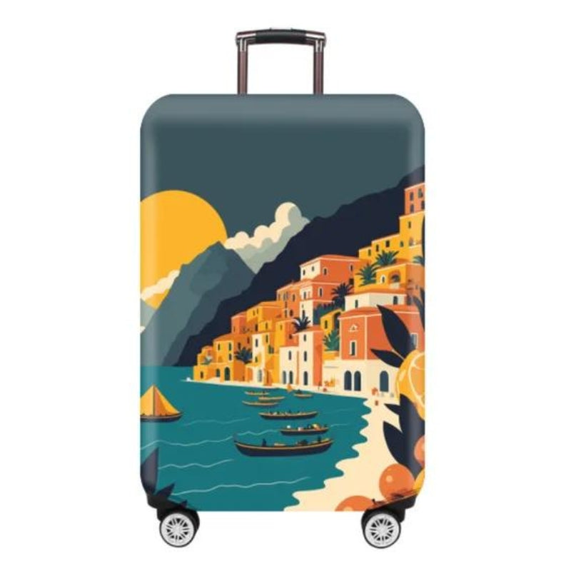 Valise recouverte d'une housse de protection à motifs en déplacement