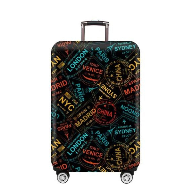 Housse de protection à motifs installée sur une valise à roulettes