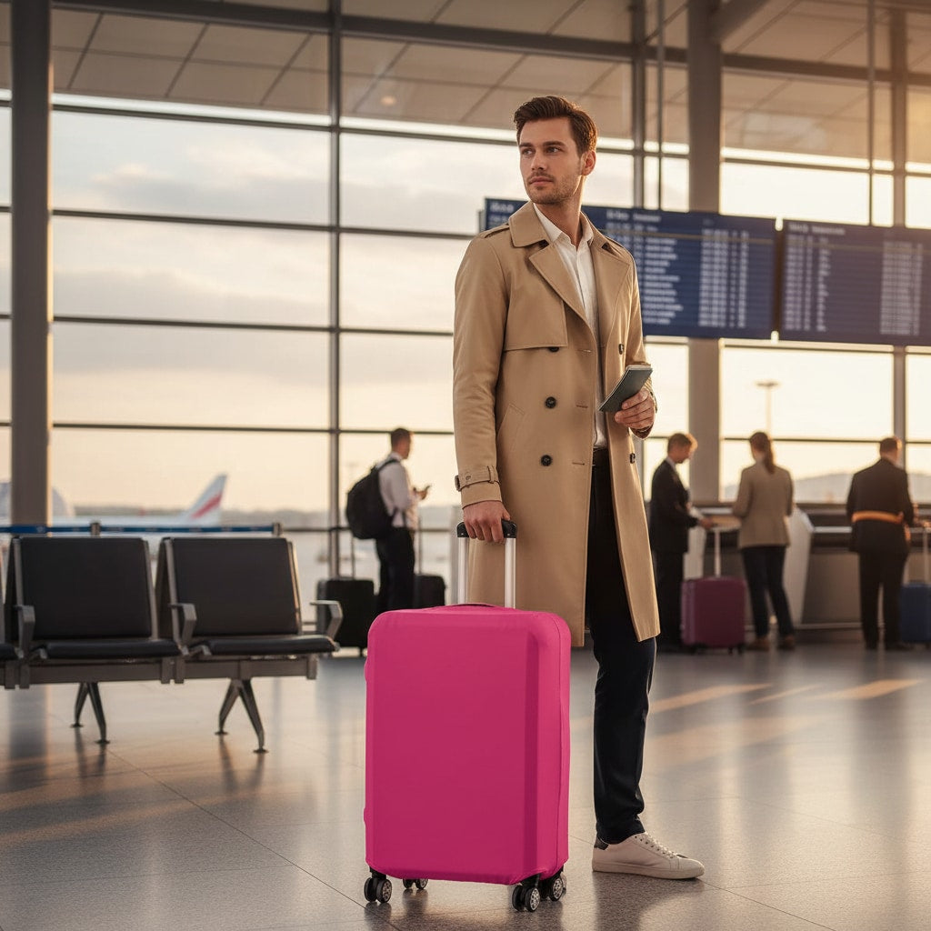 Voyageur avec valise recouverte d'une housse de protection colorée