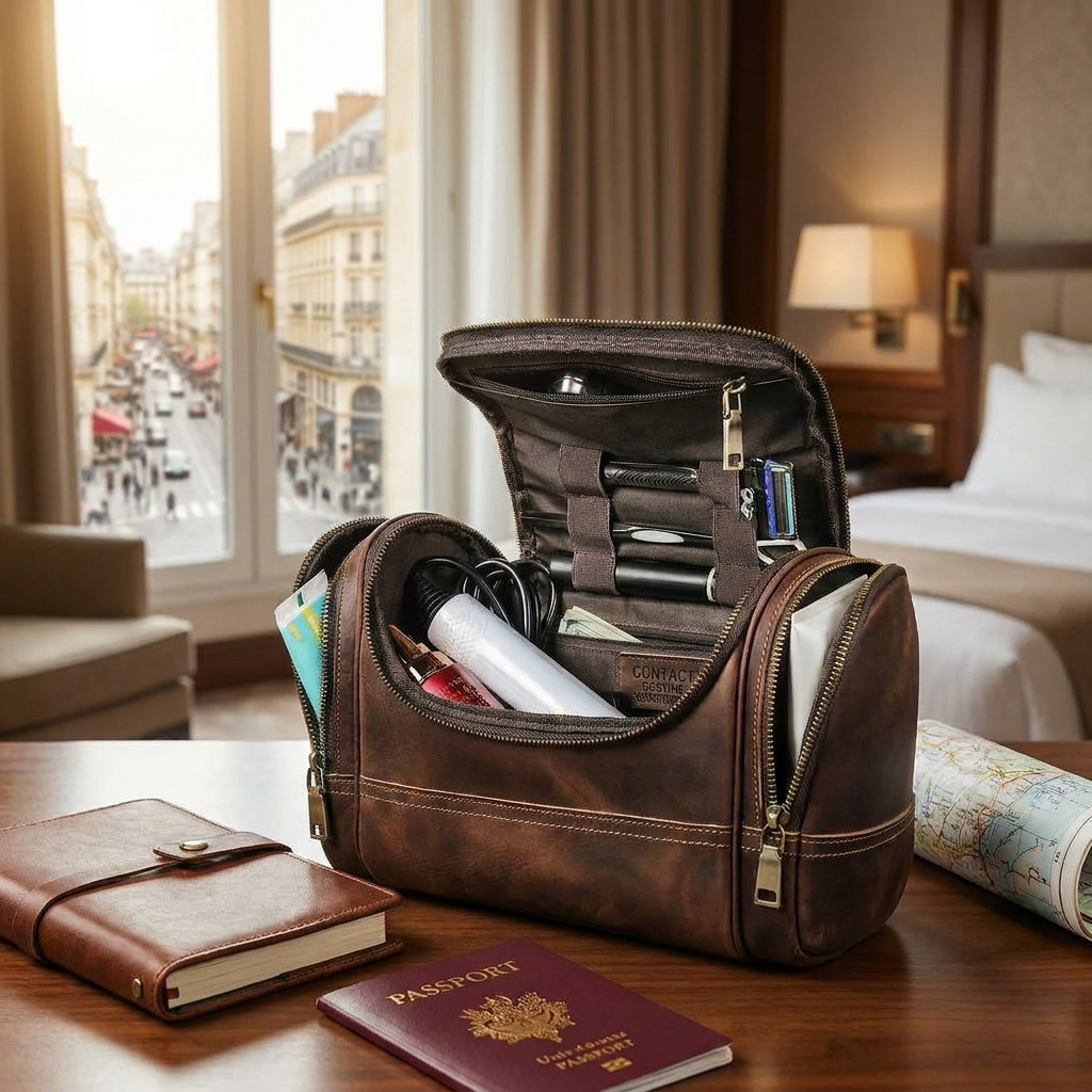 Onde — Trousse de Toilette en Cuir Véritable, détail du cuir pleine fleur