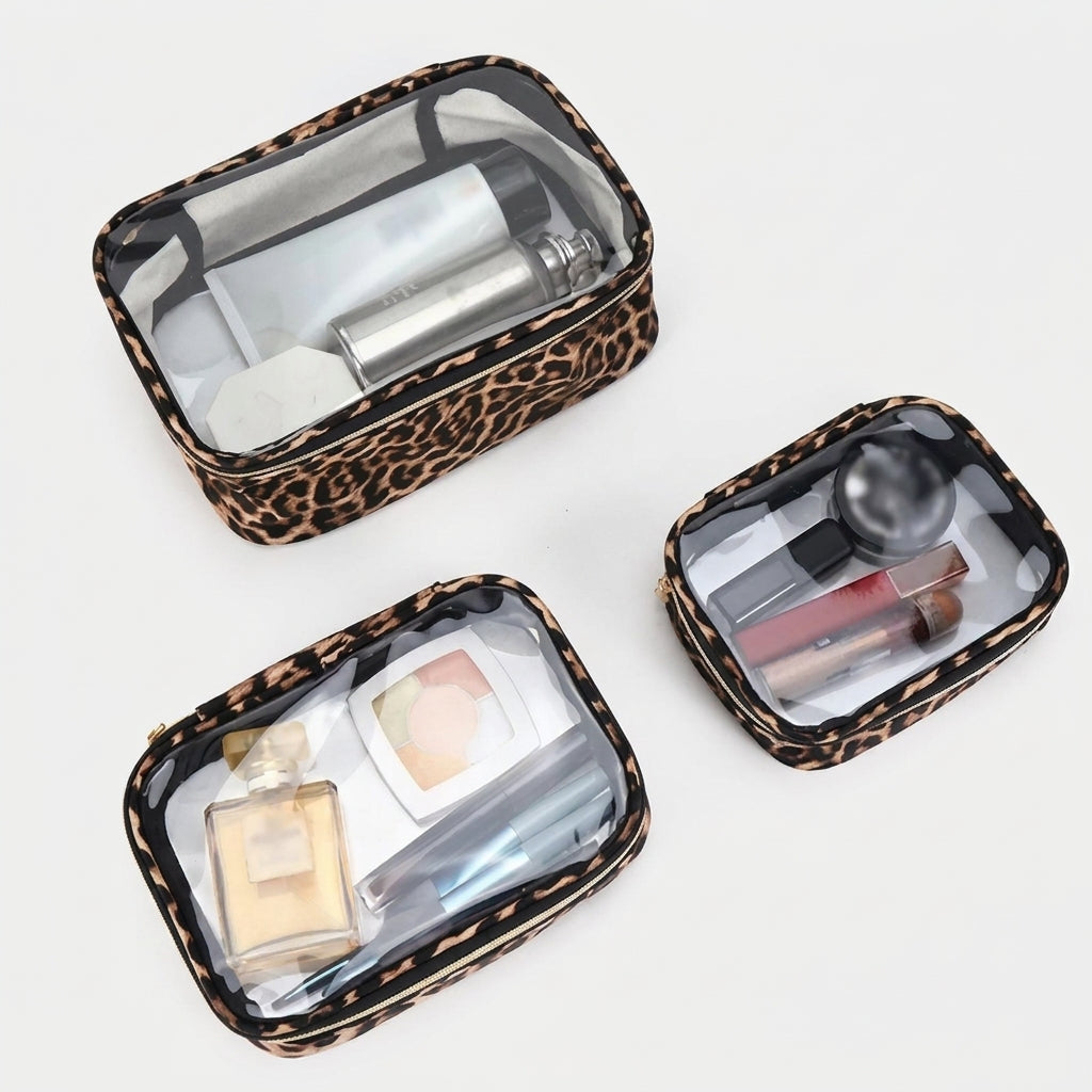 Trousse de toilette transparente à motif léopard
