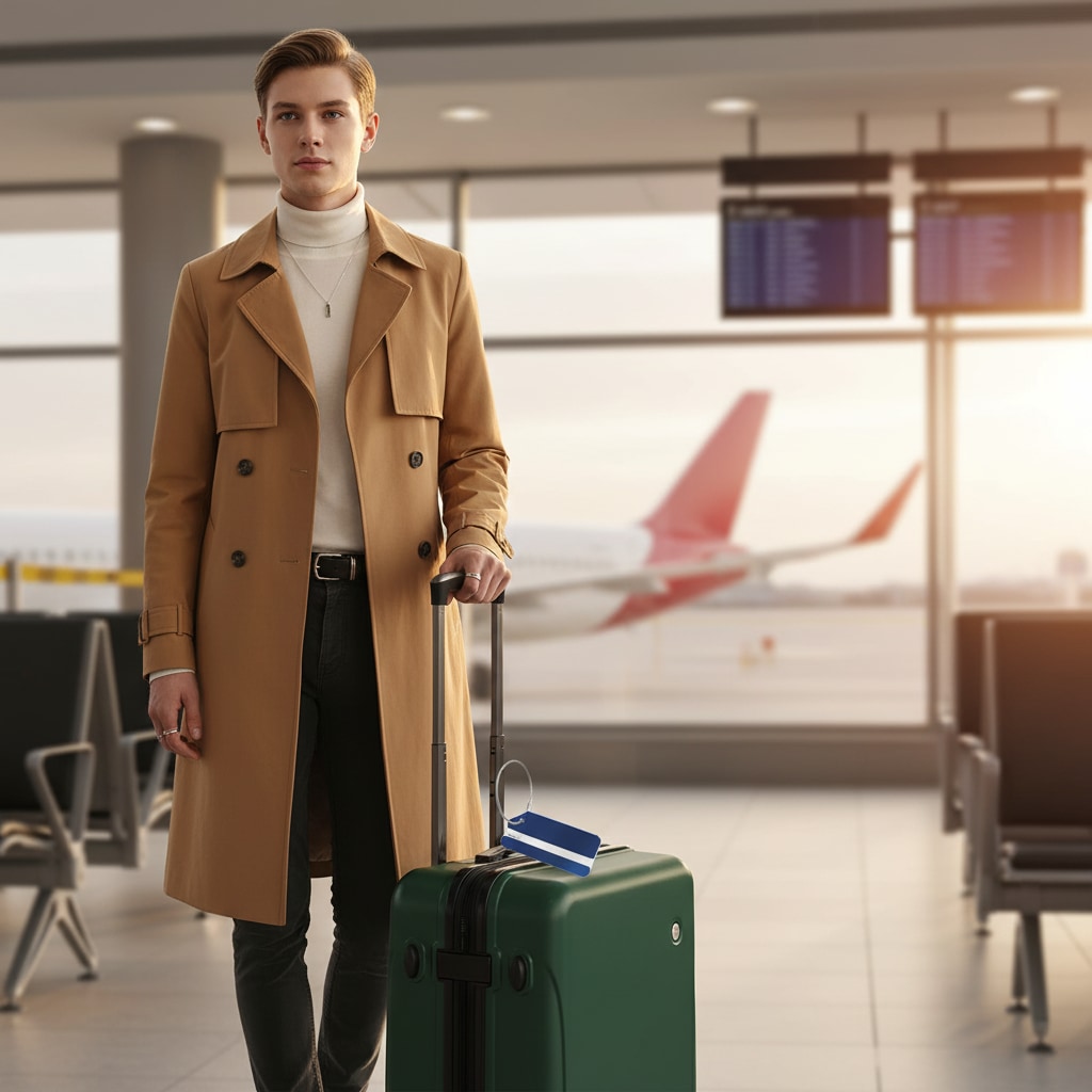 Porte-étiquette métallique sur valise en situation de voyage
