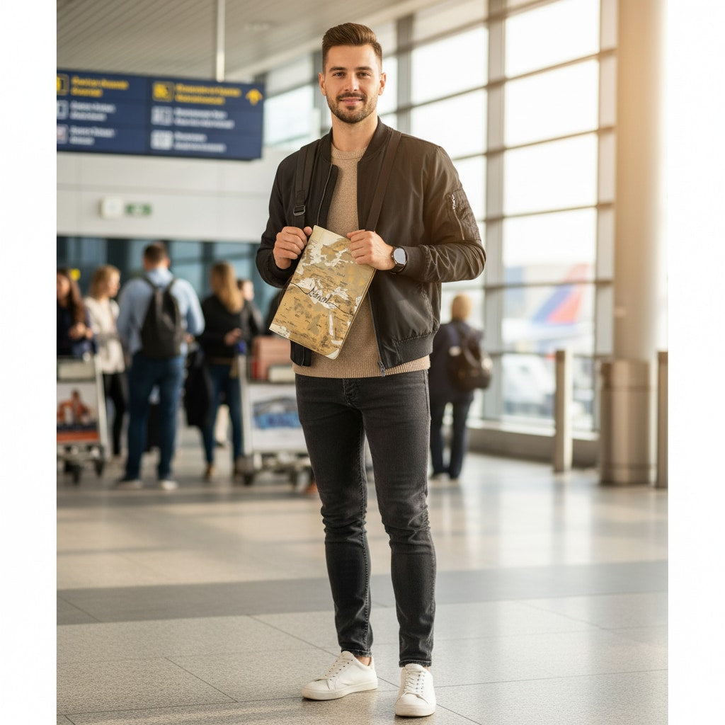 Étui passeport carte du monde en situation de voyage