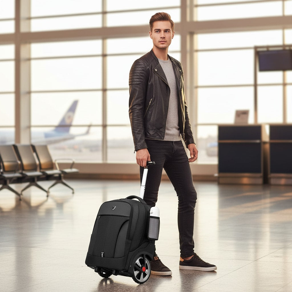 Sac à dos à roulettes tiré dans un aéroport
