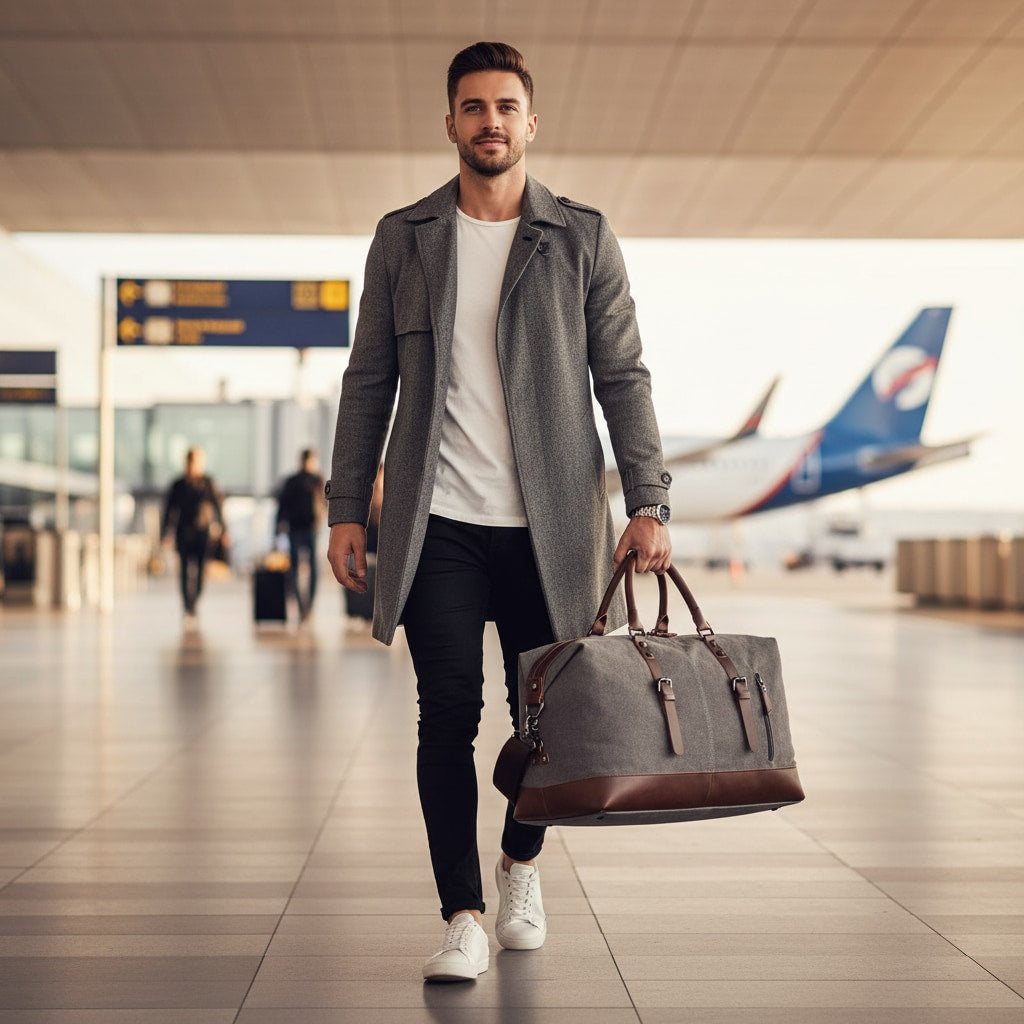 Sac de voyage en toile porté à l'épaule en déplacement