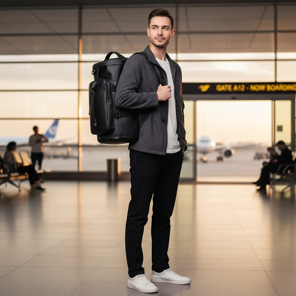 Sac de voyage homme porté lors d'un déplacement