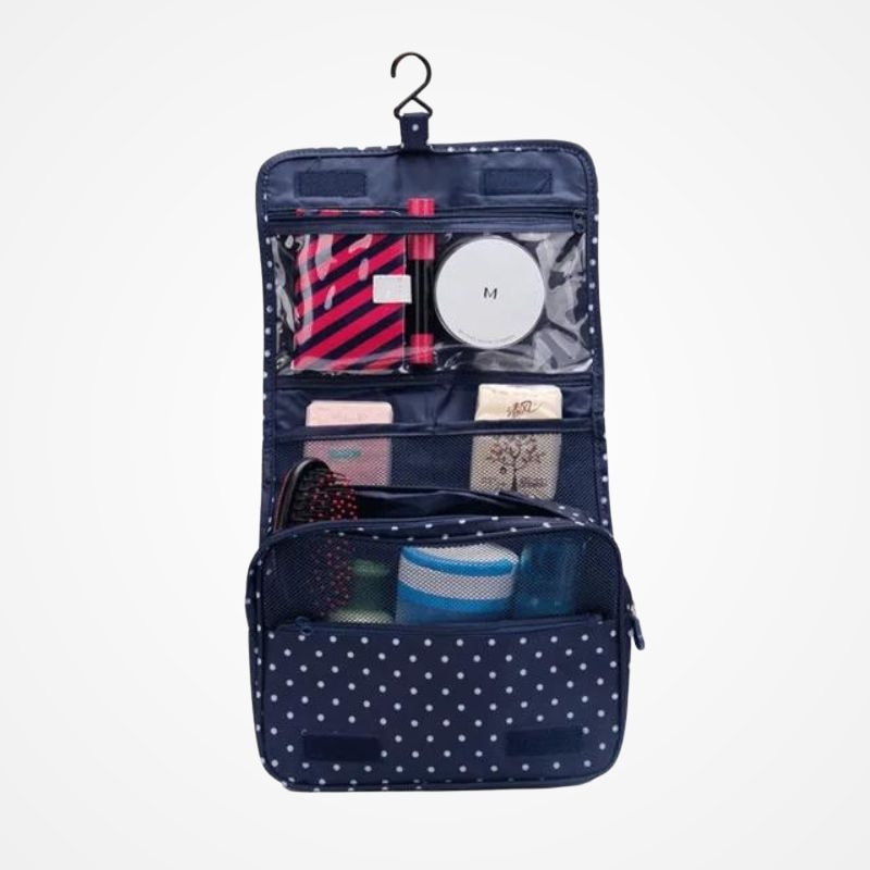 Trousse de toilette ouverte montrant le rangement intérieur