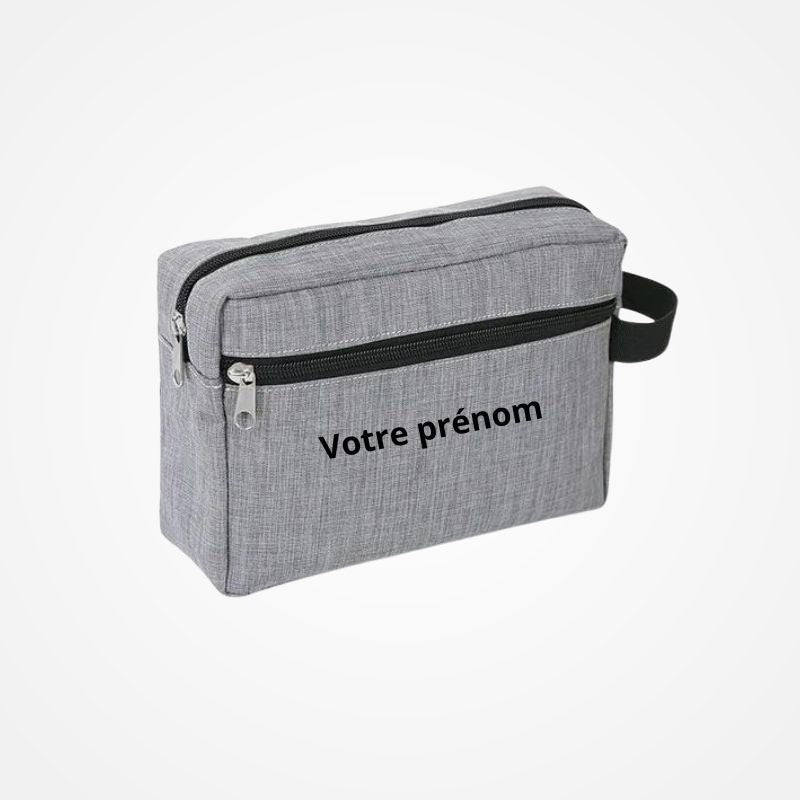 Détail de la fermeture zippée de la trousse de toilette