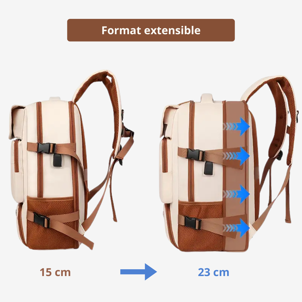 Détail des poches du sac à dos cabine extensible