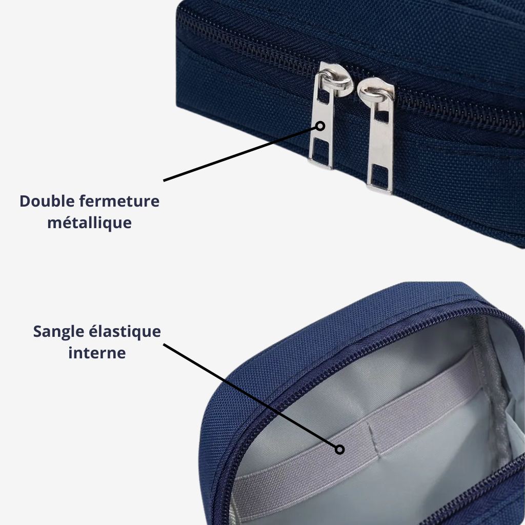 Pochette organisateur glimpsée dans un sac de voyage