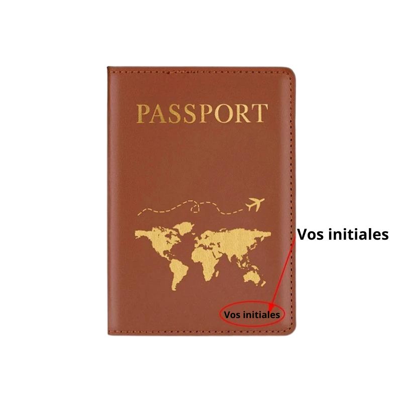 Étui passeport en similicuir ouvert avec documents