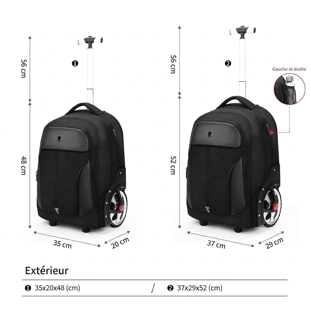 Poignée télescopique et roulettes du sac cabine