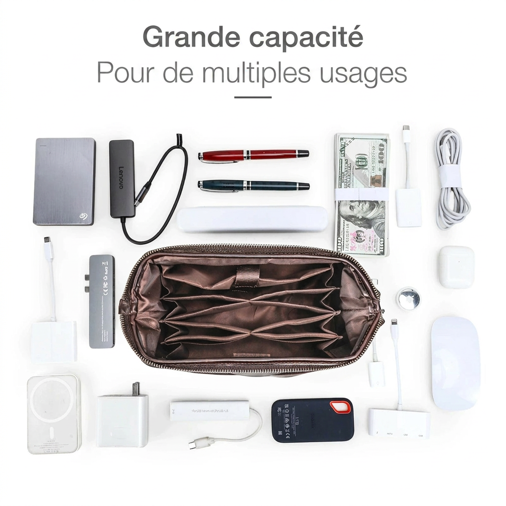 Pochette ouverte avec câbles et chargeurs organisés