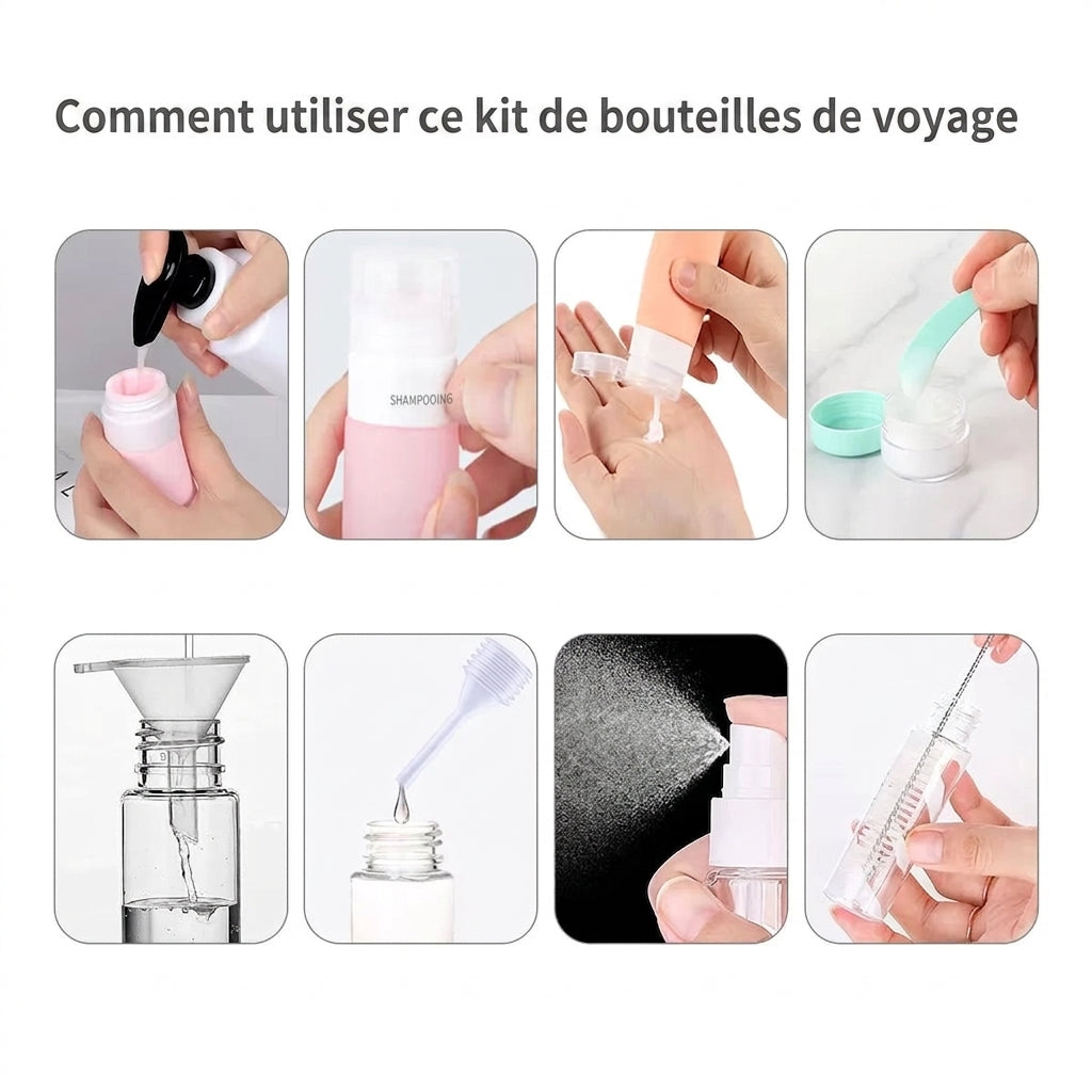 Kit complet de flacons de voyage dans sa trousse