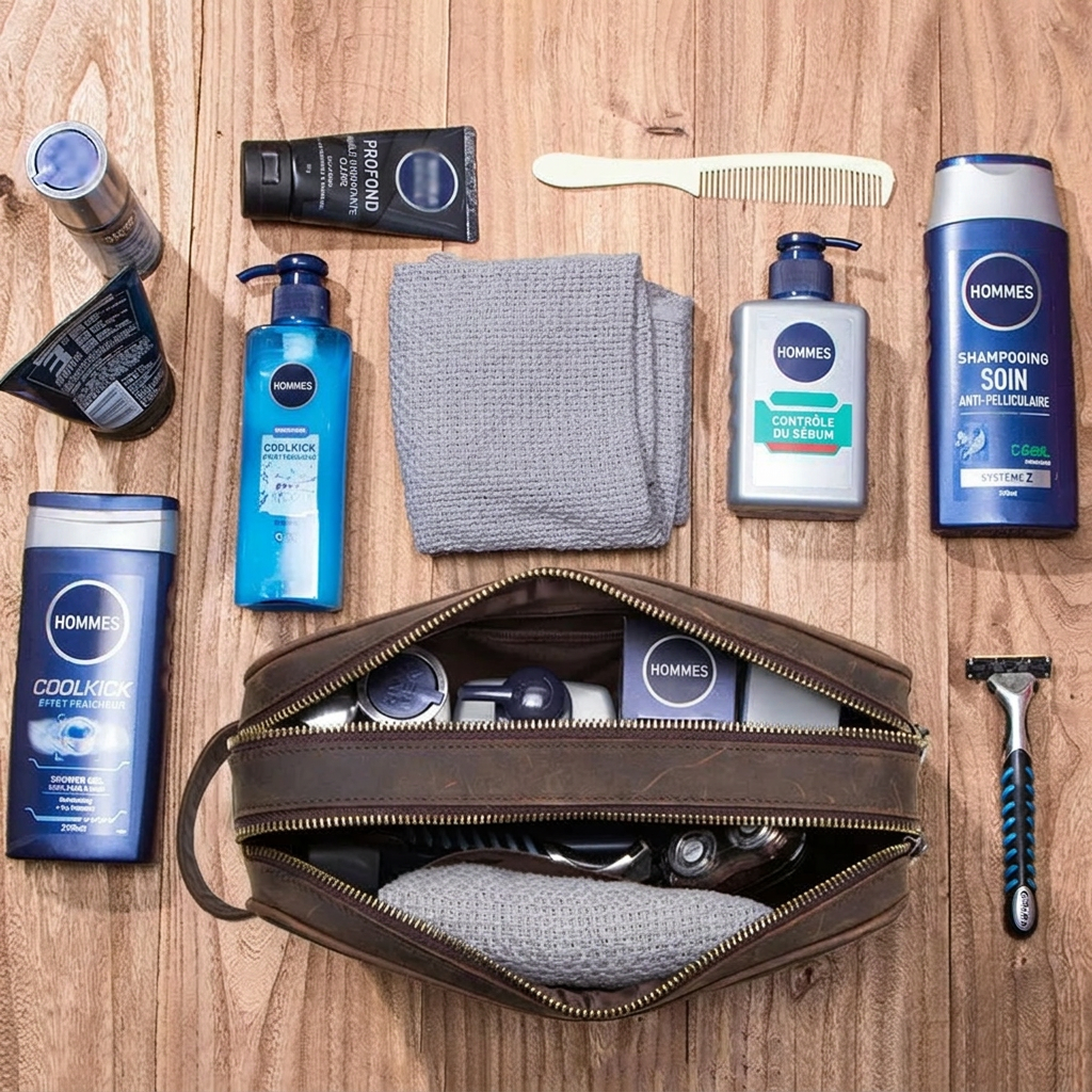 Trousse de toilette en cuir coloris café