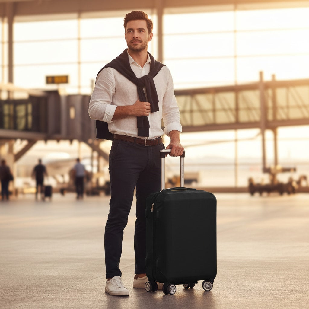 Valise avec housse noire en situation de voyage