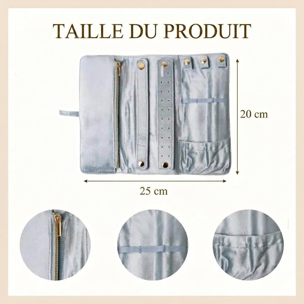 Pochette à bijoux en velours en situation de voyage