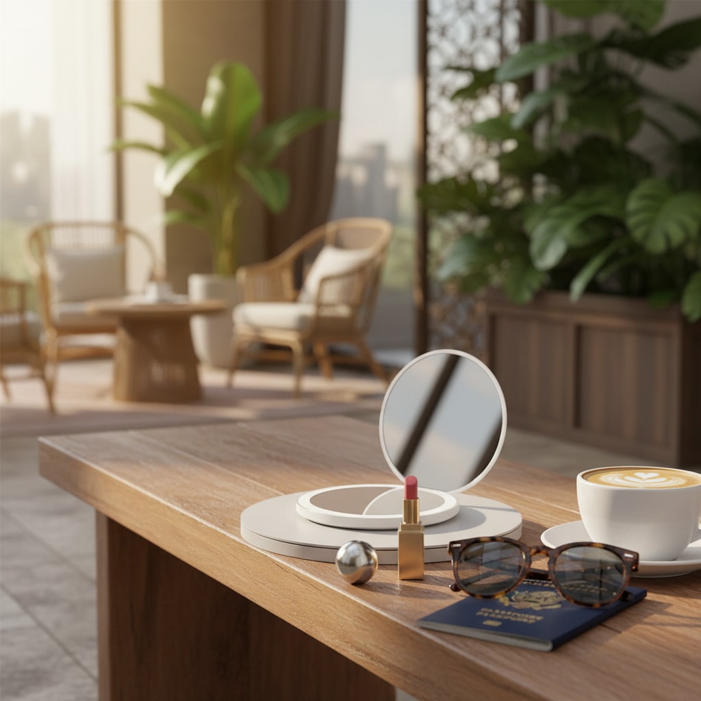 Miroir de poche LED utilisé pour une retouche maquillage