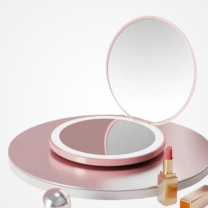 Miroir de poche LED coloris rose