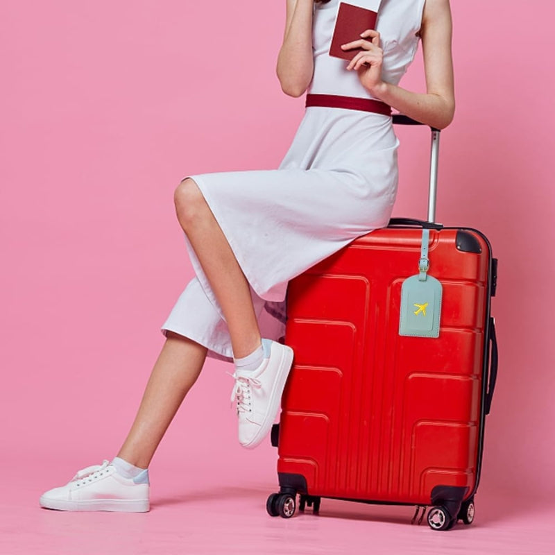 Porte-étiquette de bagage coloré sur poignée de valise
