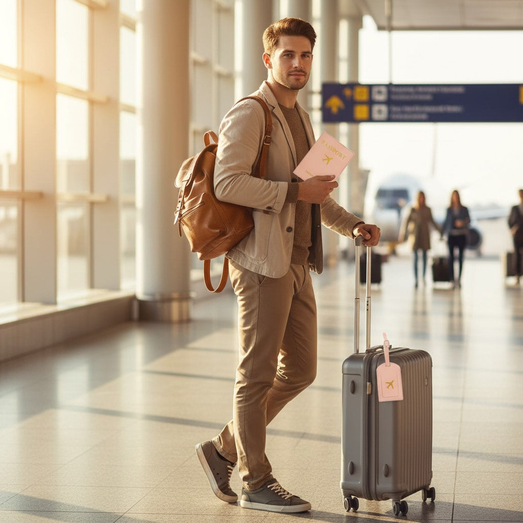 Protège-passeport et étiquette de bagage assortis en situation de voyage