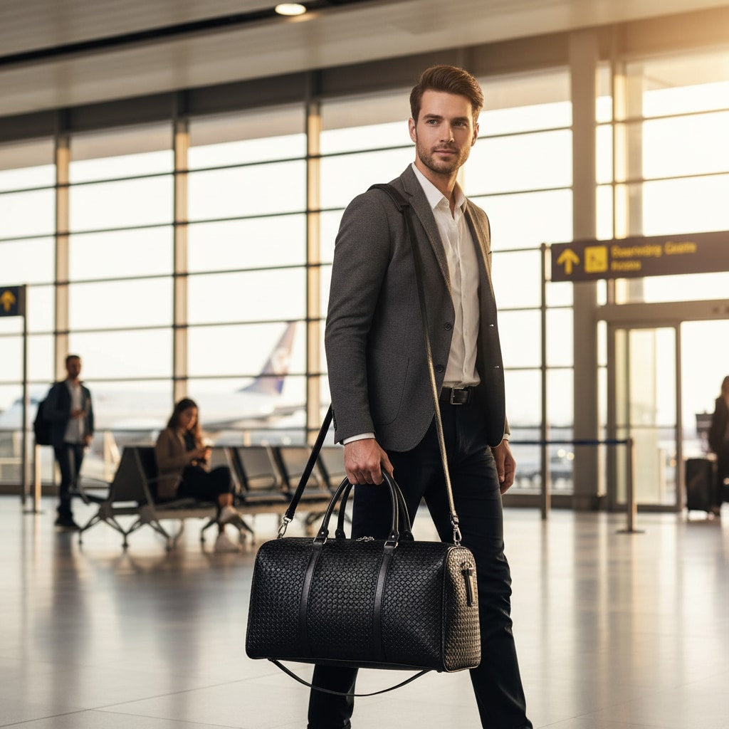 Sac de voyage noir porté en situation de déplacement