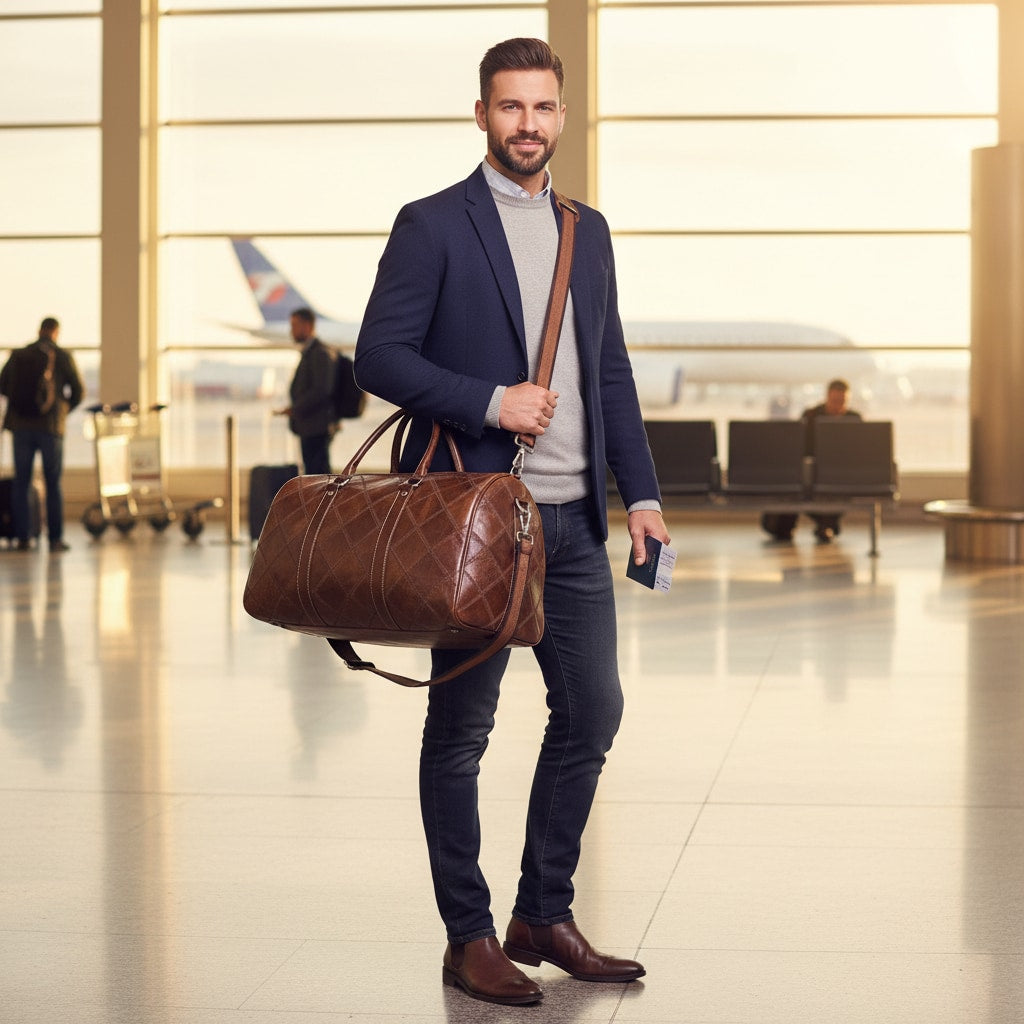 Sac de voyage en cuir porté en déplacement