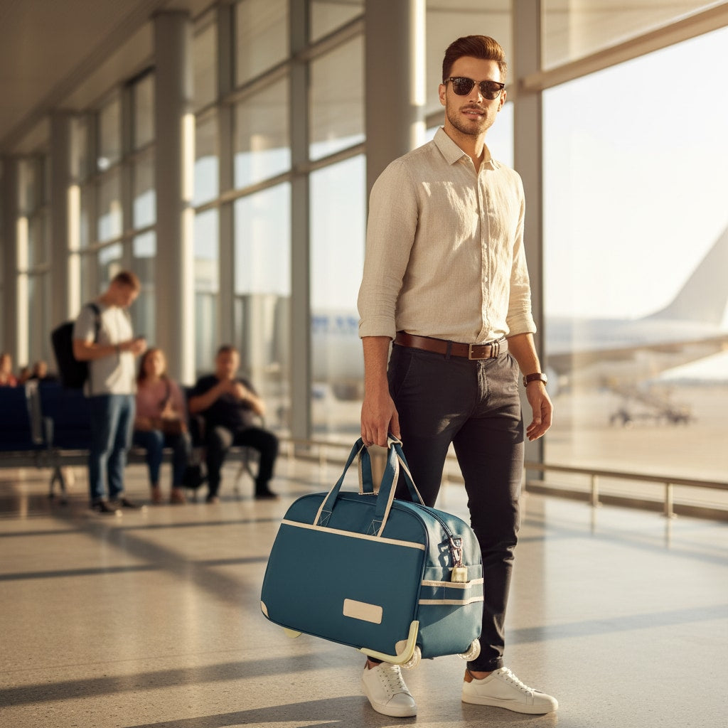 Sac valise à roulettes tiré par un voyageur en déplacement