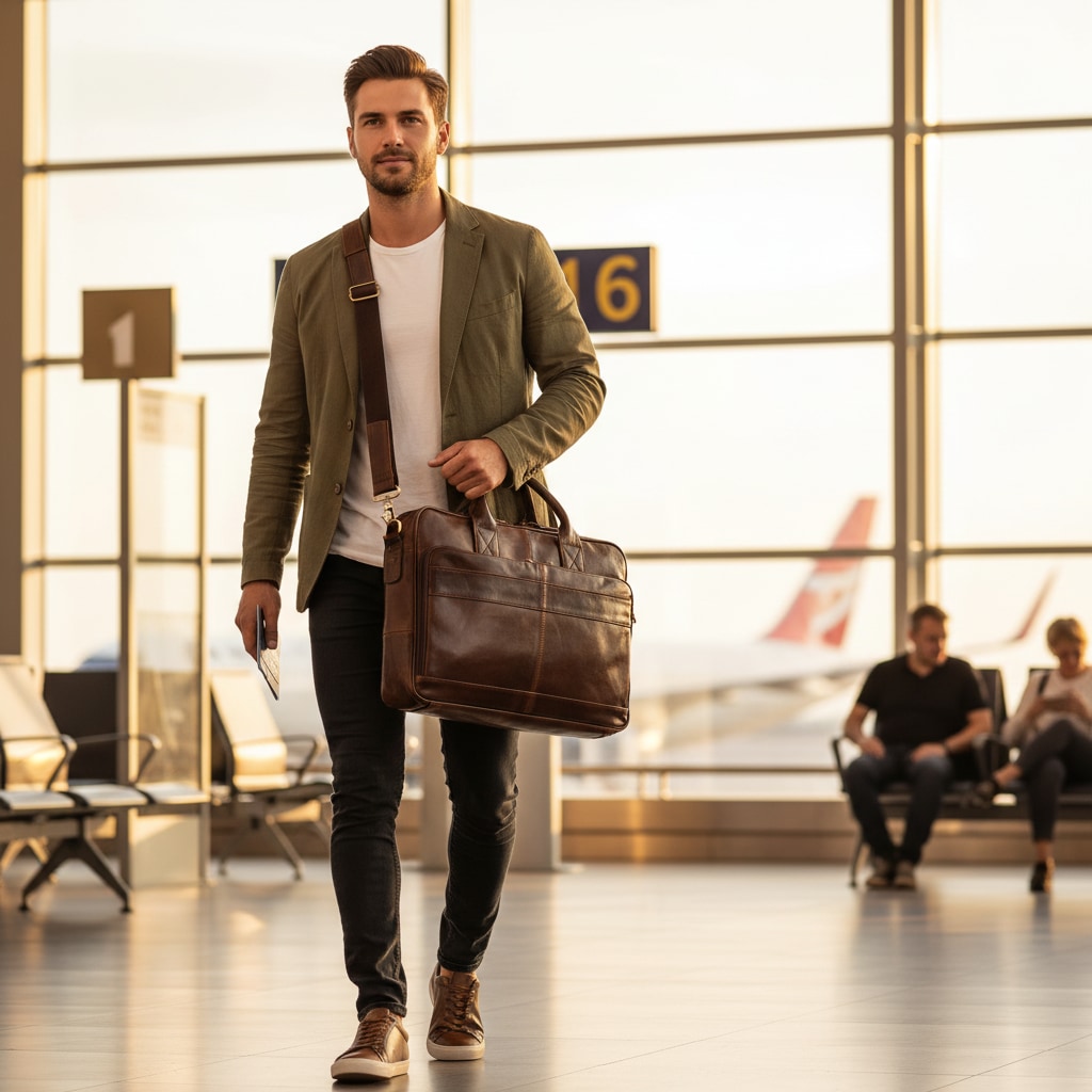 Sillage — Sacoche Ordinateur en Cuir pour Homme portée en déplacement