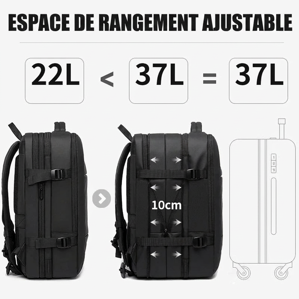 Sac à dos extensible montrant son zip d'extension