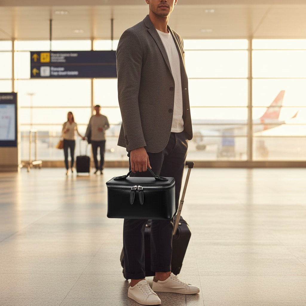 Trousse de toilette en cuir en situation de voyage