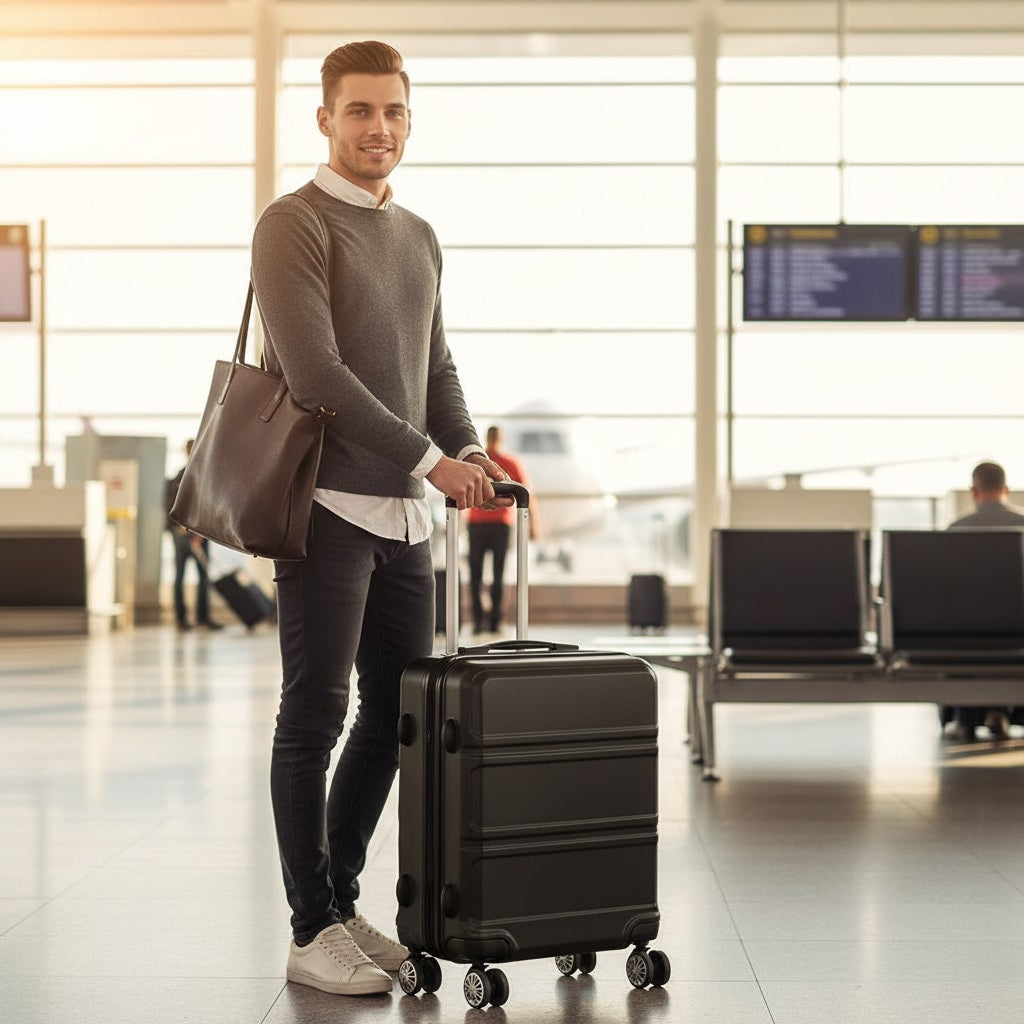 Voyageur tirant sa valise cabine dans un aéroport
