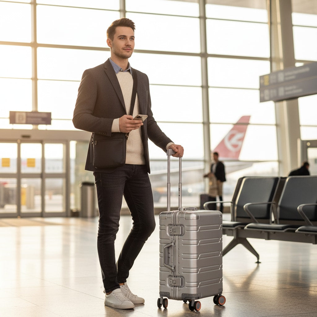 Valise cabine aluminium en situation de voyage