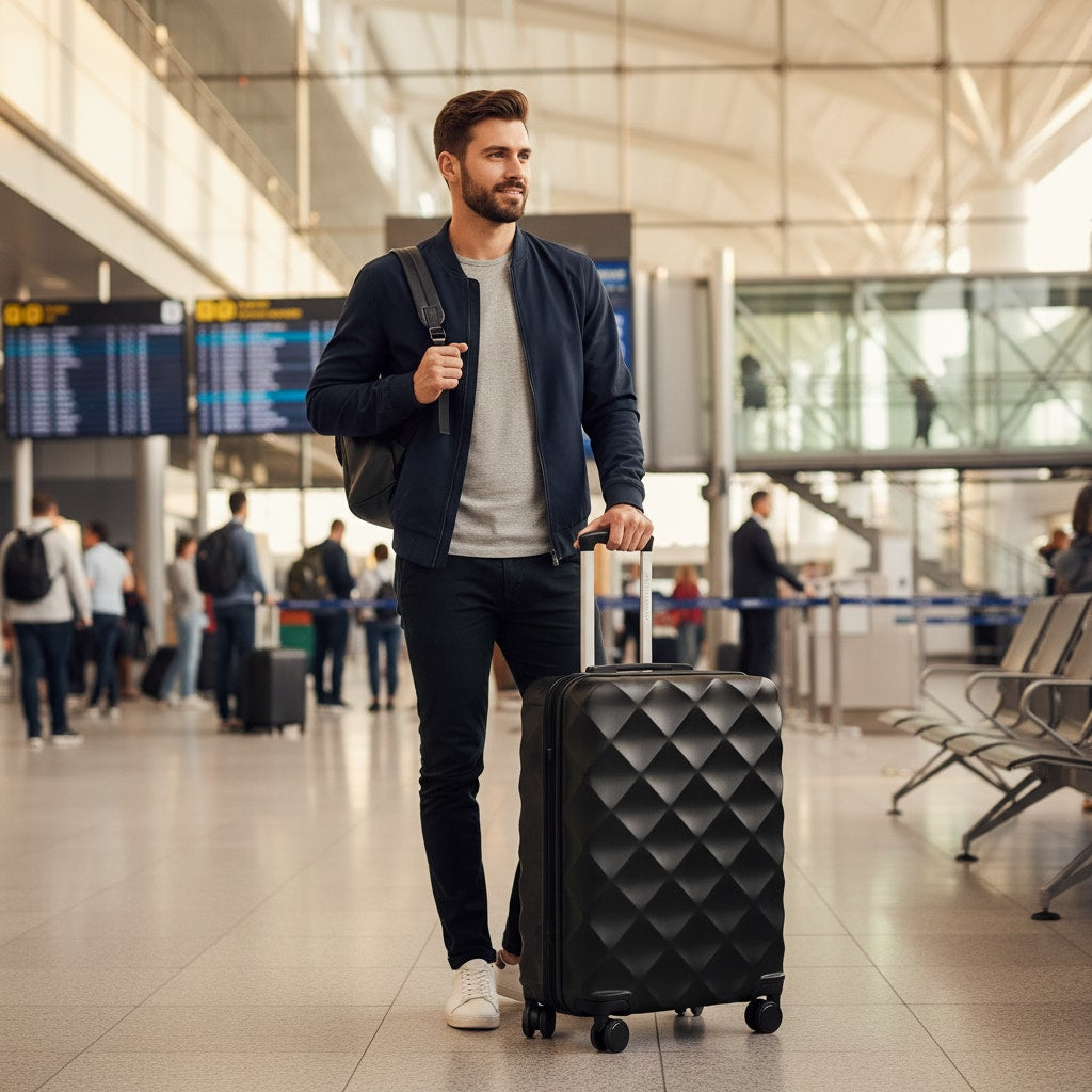 Valise rigide en situation de voyage à l'aéroport