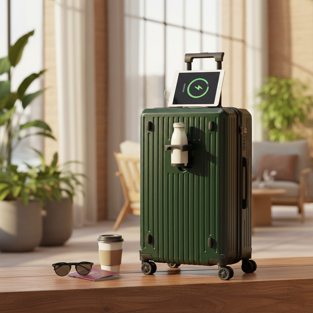 Valise verte grande taille prête pour l'embarquement